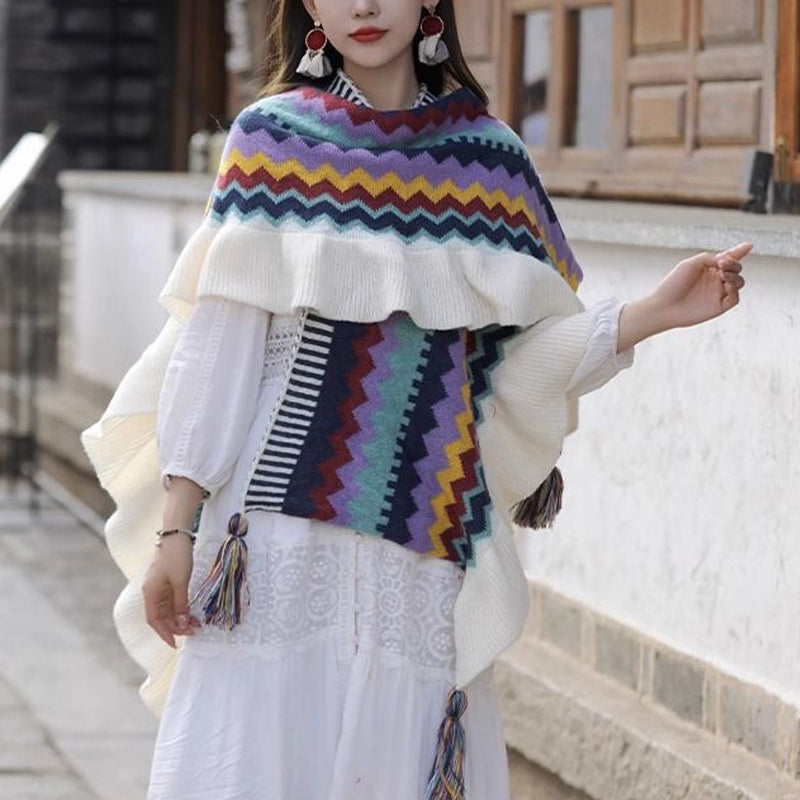 Buddha Stones Tibetan Shawl Colorful Striped Wavy Line Tassels Winter Cozy Travel Scarf Wrap