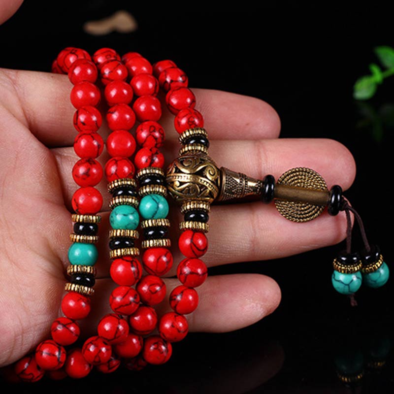 Buddha Stones Tibetan Mala Red Turquoise Lucky Necklace Bracelet - image 9