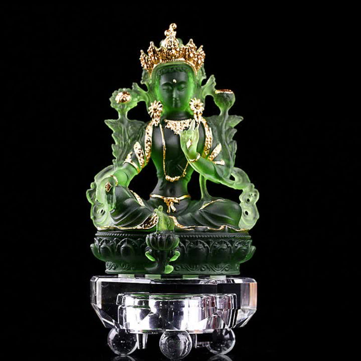 Bodhisattva Green Tara Handmade Liuli Crystal Art Piece Protection Home Office Statue Decoration - 8*6*12.8cm - Gold Green Tara&Base - image 13