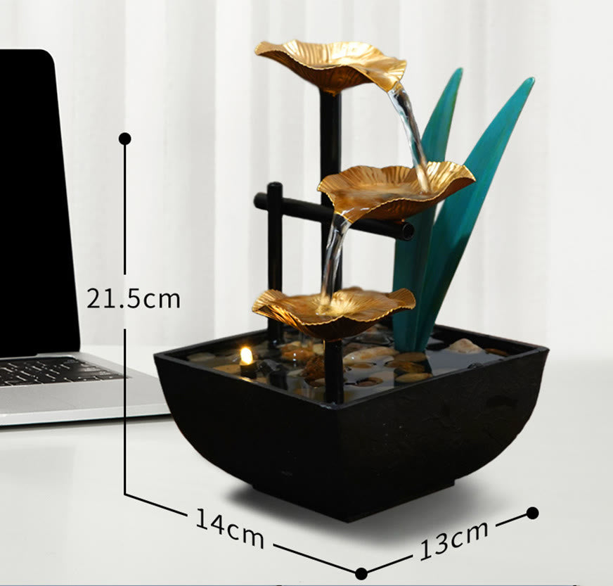 Three Layers Waterfall Fountain Tabletop Lotus Ornaments With River Rocks Desktop Decoration