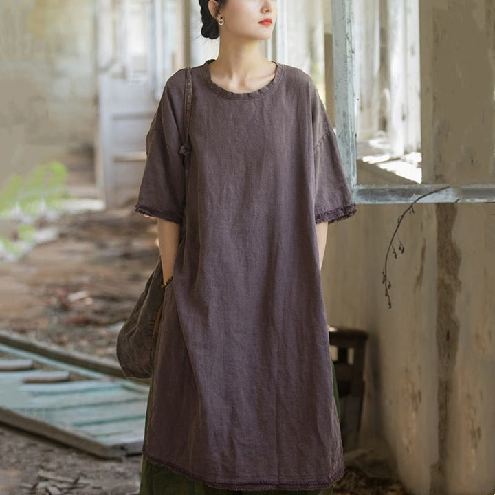 Buddha Stones Mid Length Dress Ramie Linen Half Sleeve Split Hem Top T-Shirt