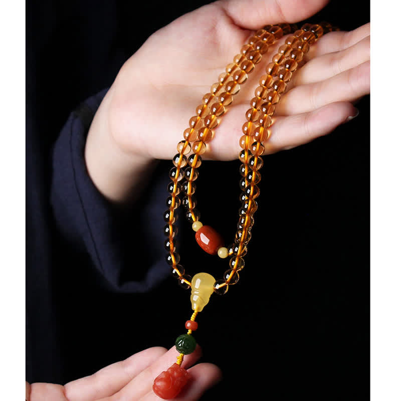108 Mala Beads Natural Citrine Amber Peace Buckle Red Agate PiXiu Protection Charm Bracelet - image 24