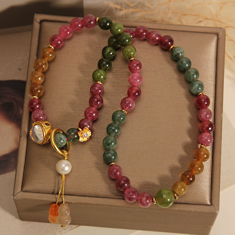 Buddha Stones Multicolored Tourmaline Positive Double Wrap Gourd Charm Bracelet