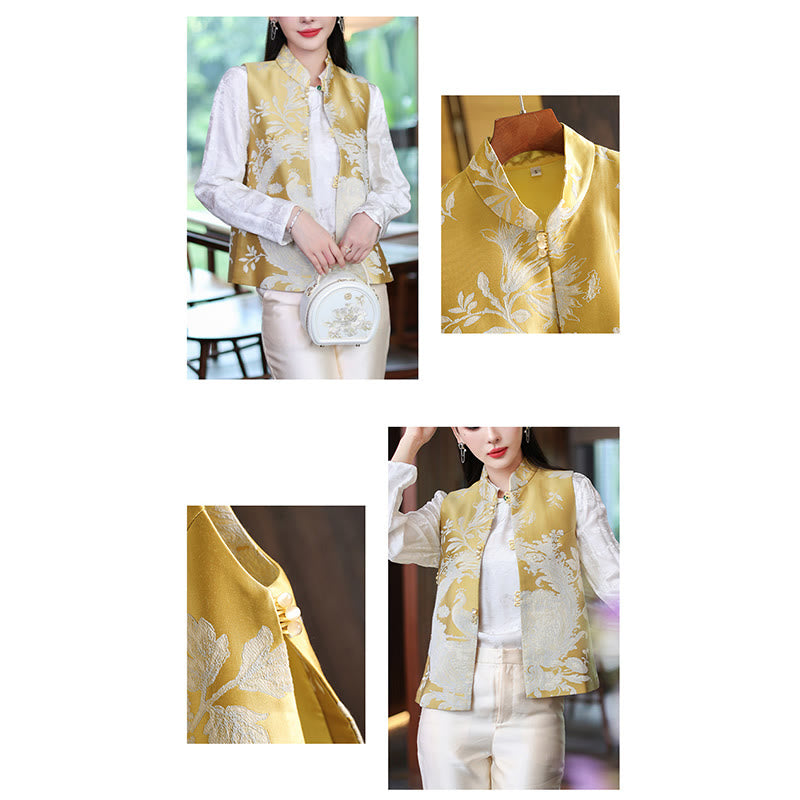 Buddha Stones Peacock Flower Pattern Tang Suit Design Vest Jacket