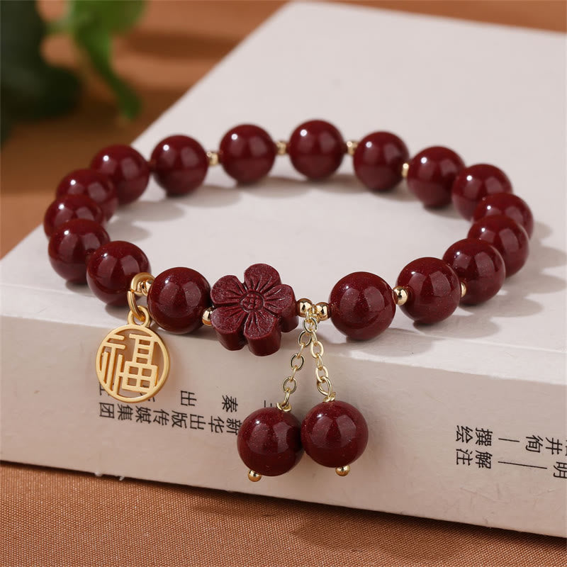 Buddha Stones Cinnabar Fu Character Cherry Blossom Blessing Bracelet - Cinnabar(Calm♥Concentration) - image 0