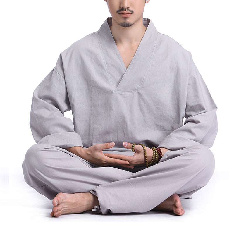 Buddha Stones Meditation Prayer V-neck Design Cotton Linen Spiritual Zen Practice Yoga Clothing Men's Set - Gray - US/UK/AU44，EU54 (3XL) - image 10