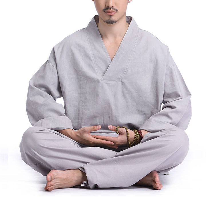 Buddha Stones Meditation Prayer V-neck Design Cotton Linen Spiritual Zen Practice Yoga Clothing Men's Set - Gray - US/UK/AU44，EU54 (3XL) - image 10