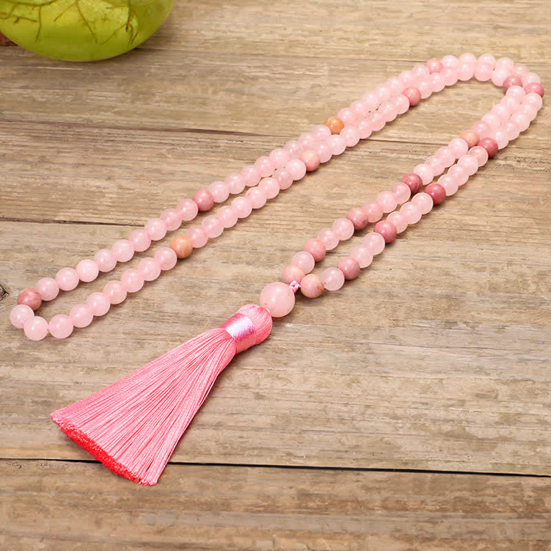 108 Mala Beads Pink Crystal Love Tassel Bracelet - image 8