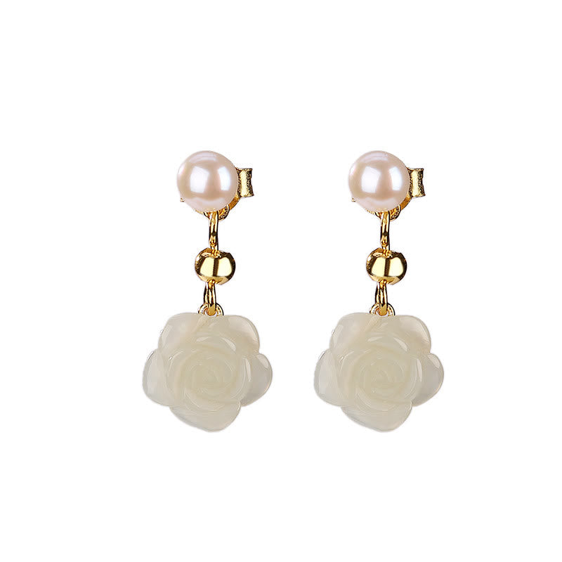 Buddha Stones 925 Sterling Silver Plated Gold Jade Rose Flower Cyan Jade Pearl Luck Earrings - image 8