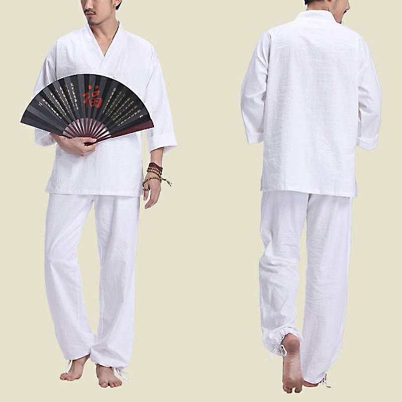 Buddha Stones Meditation Prayer V-neck Design Cotton Linen Spiritual Zen Practice Yoga Clothing Men's Set - image 16