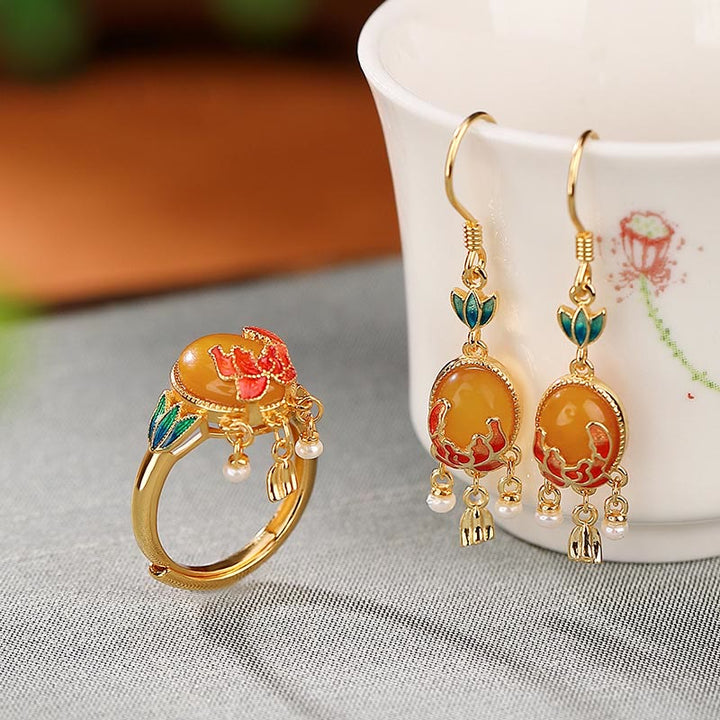 Buddha Stones 925 Sterling Silver Plated Gold Natural Amber Flower Pearl Confidence Ring Earrings Set