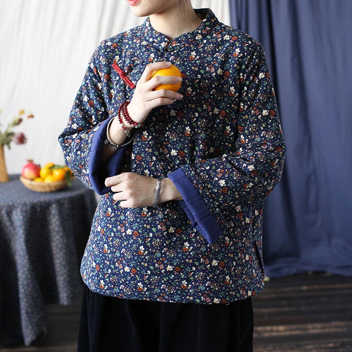 Buddha Stones Flowers Cotton Linen Jacket Shirt Chinese Northeast Style Winter Clothing