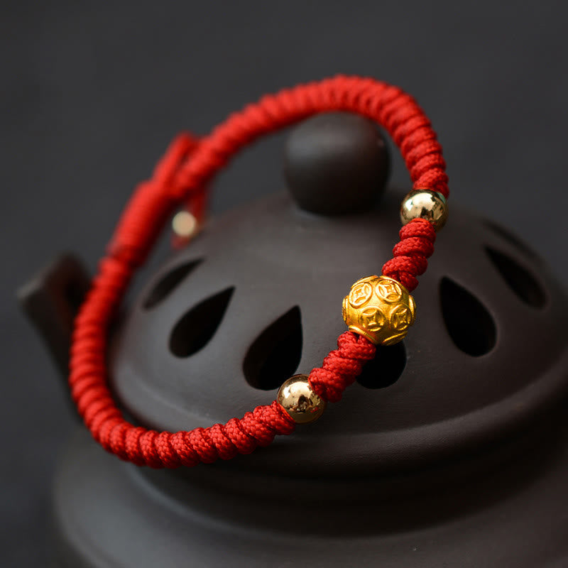 Buddha Stones 999 Sterling Silver Om Mani Padme Hum Copper Coin Luck Strength String Couple Bracelet - Golden Copper Coin - Red Rope(Bracelet Size 15.5-24cm) - image 0