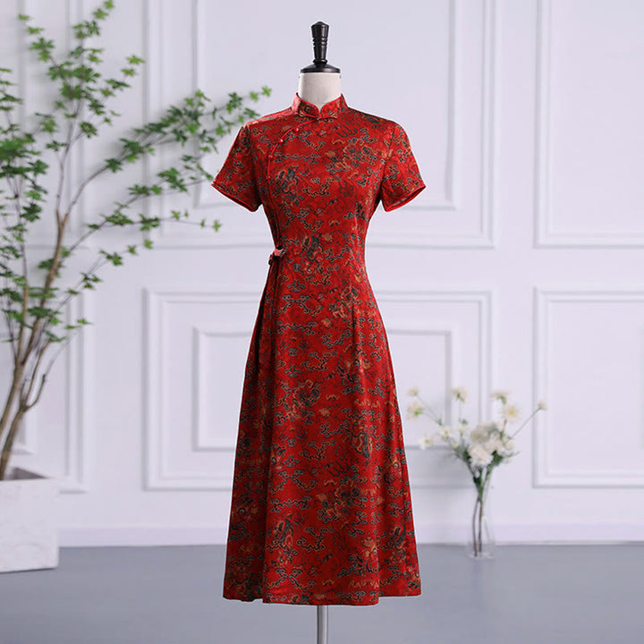Buddha Stones Vintage Auspicious Clouds Leaf Print Cheongsam Dress Women's Qipao Dress - Red Auspicious Clouds - US16，UK/AU20，EU48 (5XL) - image 0
