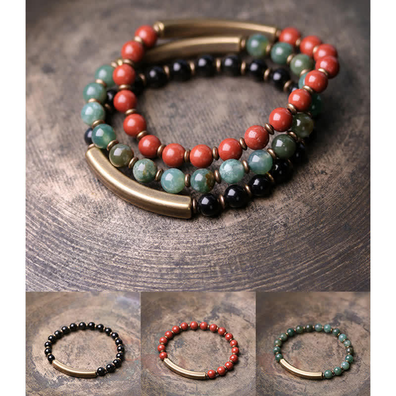 Buddha Stones Red Jasper Moss Agate Black Obsidian Crystal Copper Peace Couple Bracelet