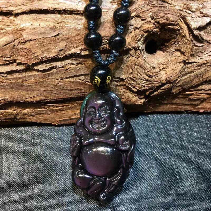 Natural Rainbow Obsidian Laughing Buddha Inner Peace Necklace Pendant