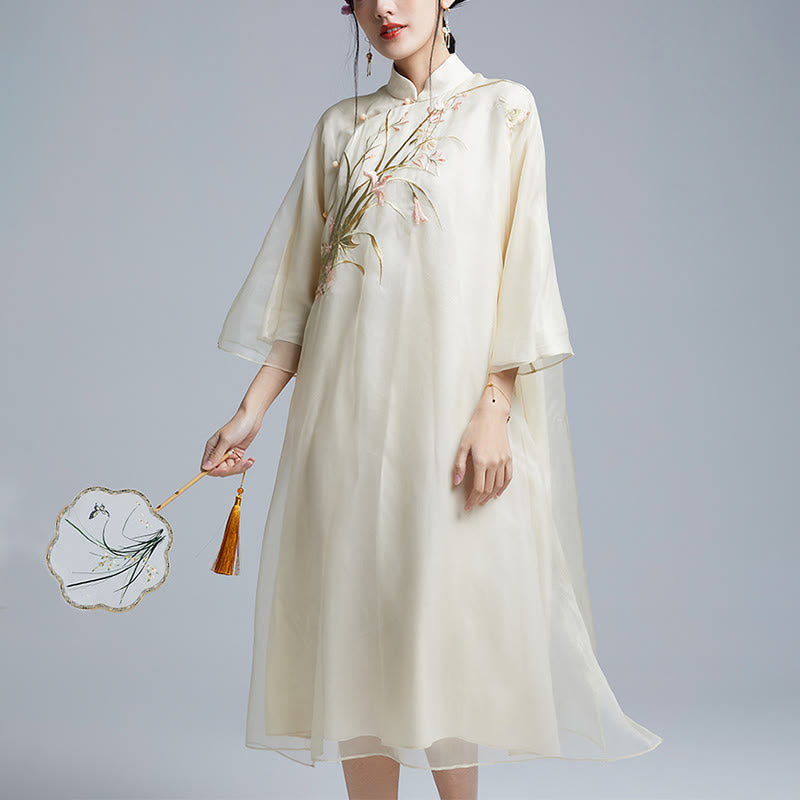 Buddha Stones 100% Mulberry Silk 6 Momme Dress Vintage Flower Butterfly Embroidery Qipao Dress Women's Cheongsam Dress - Beige - US8-10，UK/AU12-14，EU40-42 (XL) - image 0