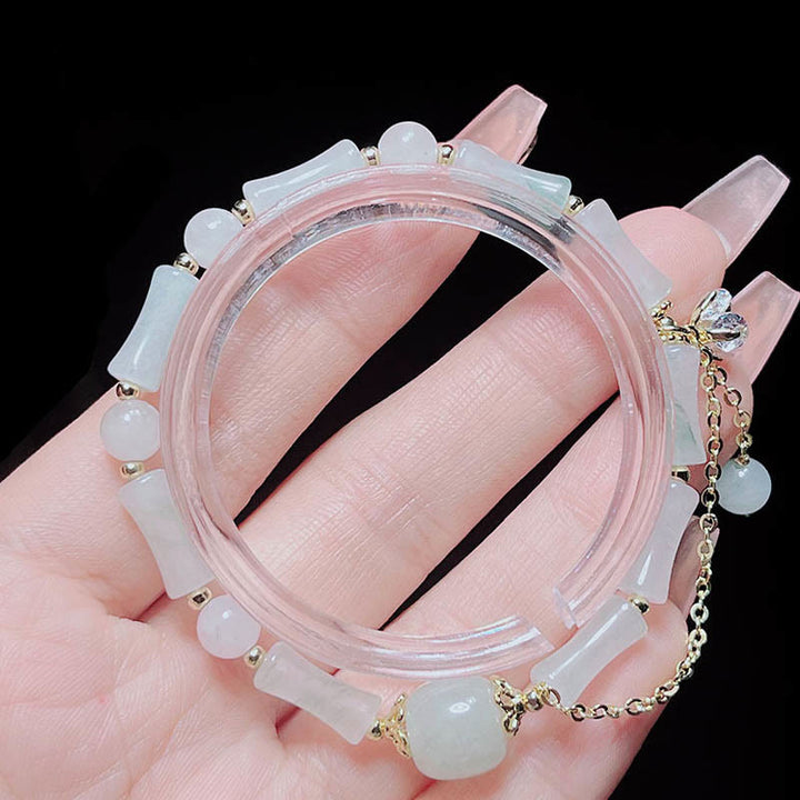 Buddha Stones Tianshan White Jade Bamboo Pattern Luck Blessing Bracelet