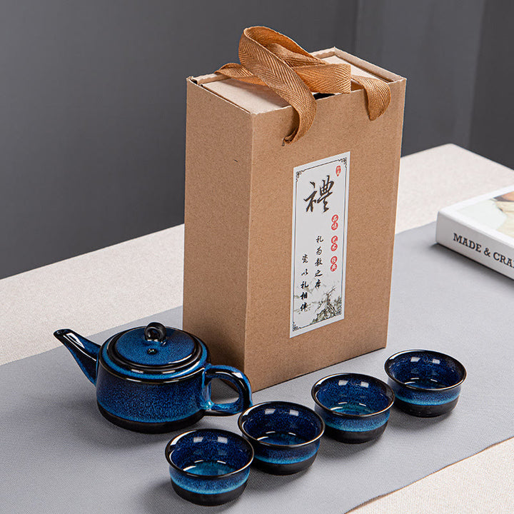 Buddha Stones Blue Gradient Color Chinese Gongfu Tea Ceramic Teapot Portable Gift Bag Box Set