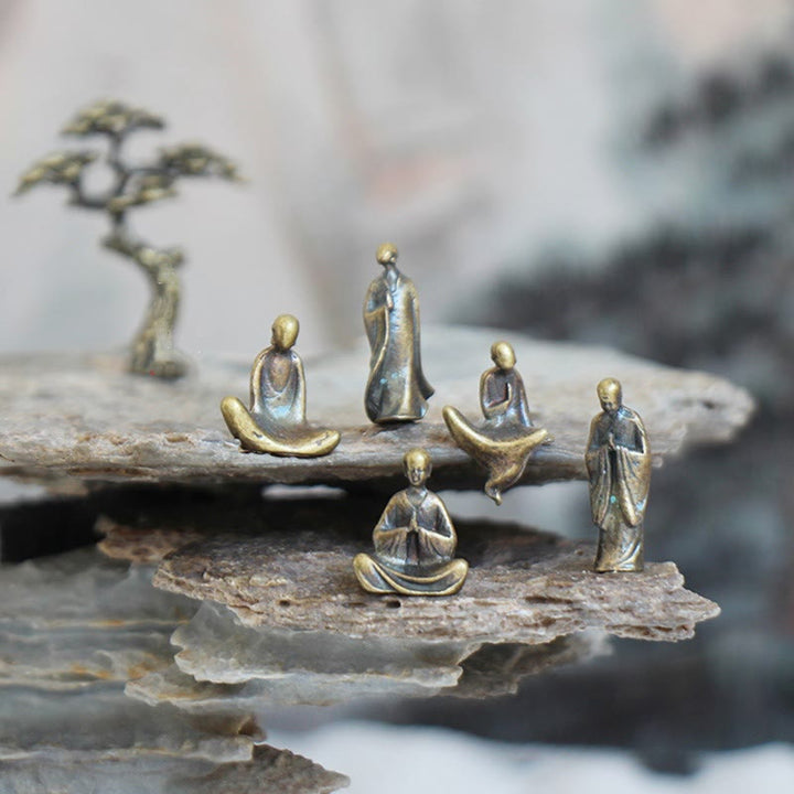 Buddha Stones Mini Meditation Buddha Metal Monk Serenity Home Decoration - Mini 5 Buddha Statues+Pine Tree - image 0