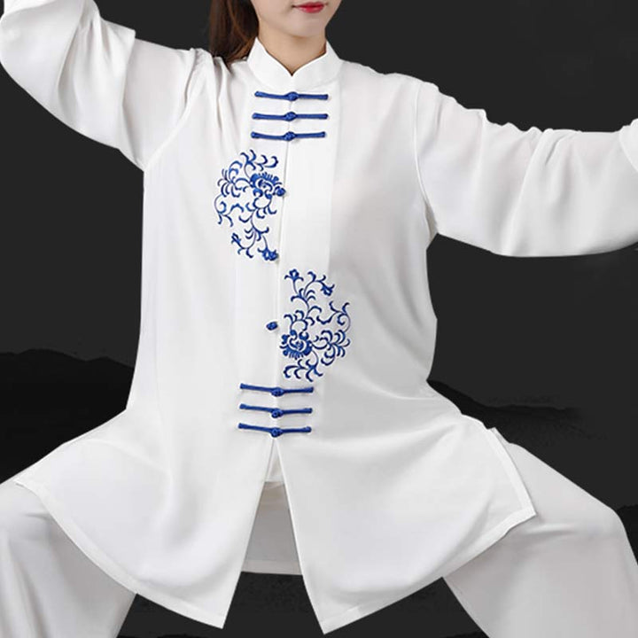 Buddha Stones Flower Embroidery Meditation Prayer Spiritual Zen Tai Chi Qigong Practice Unisex Clothing Set