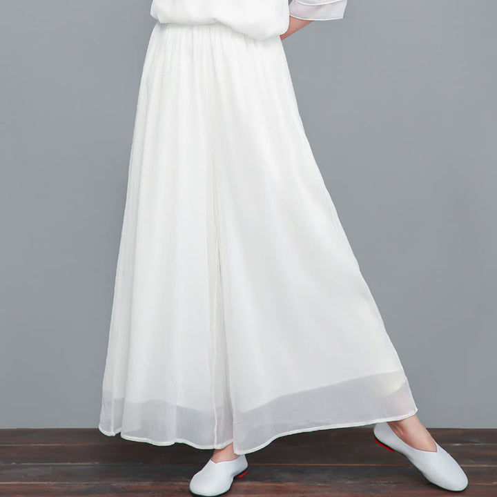 Buddha Stones Three Quarter Sleeve Chiffon Cheongsam Midi Dress Wide Leg Pants Meditation Zen Practice Clothing