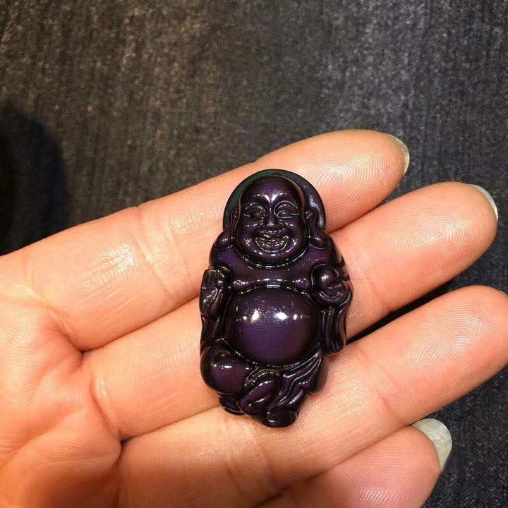 Natural Rainbow Obsidian Laughing Buddha Inner Peace Necklace Pendant