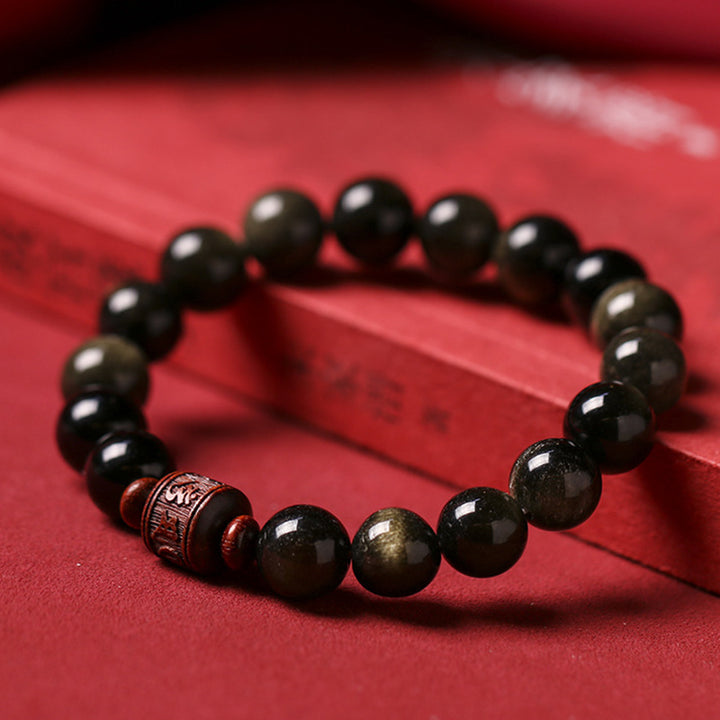 Buddha Stones Natural Gold Sheen Obsidian Rainbow Obsidian Om Mani Padme Hum Fu Character Healing Bracelet