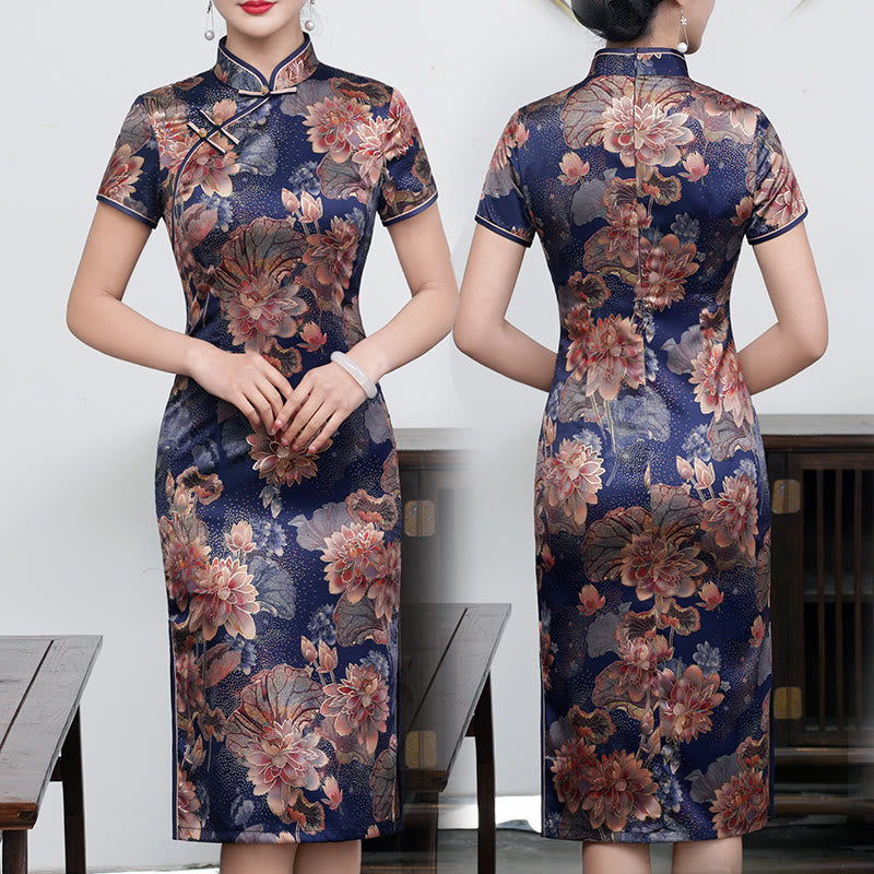 Buddha Stones Retro Flower Lotus Peony Feather Print Qipao Dress Women's Cheongsam Dress - Purple Lotus - US16，UK/AU20，EU48 (5XL) - image 14