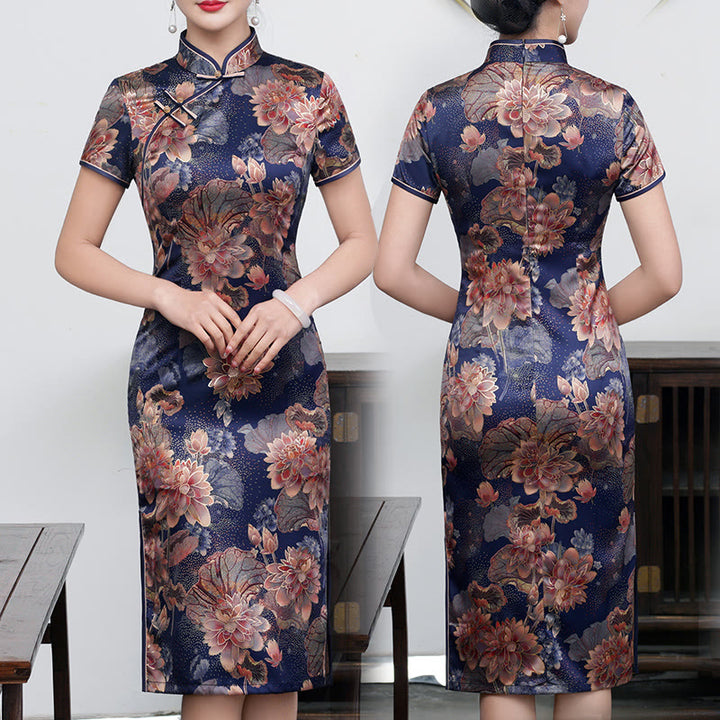 Buddha Stones Retro Flower Lotus Peony Feather Print Qipao Dress Women's Cheongsam Dress - Purple Lotus - US16，UK/AU20，EU48 (5XL) - image 14