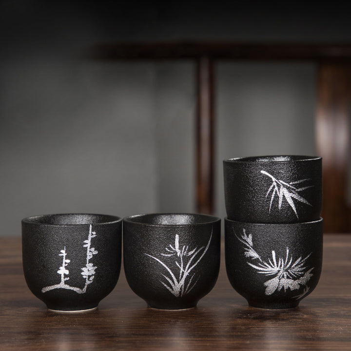 Buddha Stones Hand Painted Lotus Flower Bamboo Chrysanthemum Black Pottery Ceramic Teacup Kung Fu Tea Cup 95ml