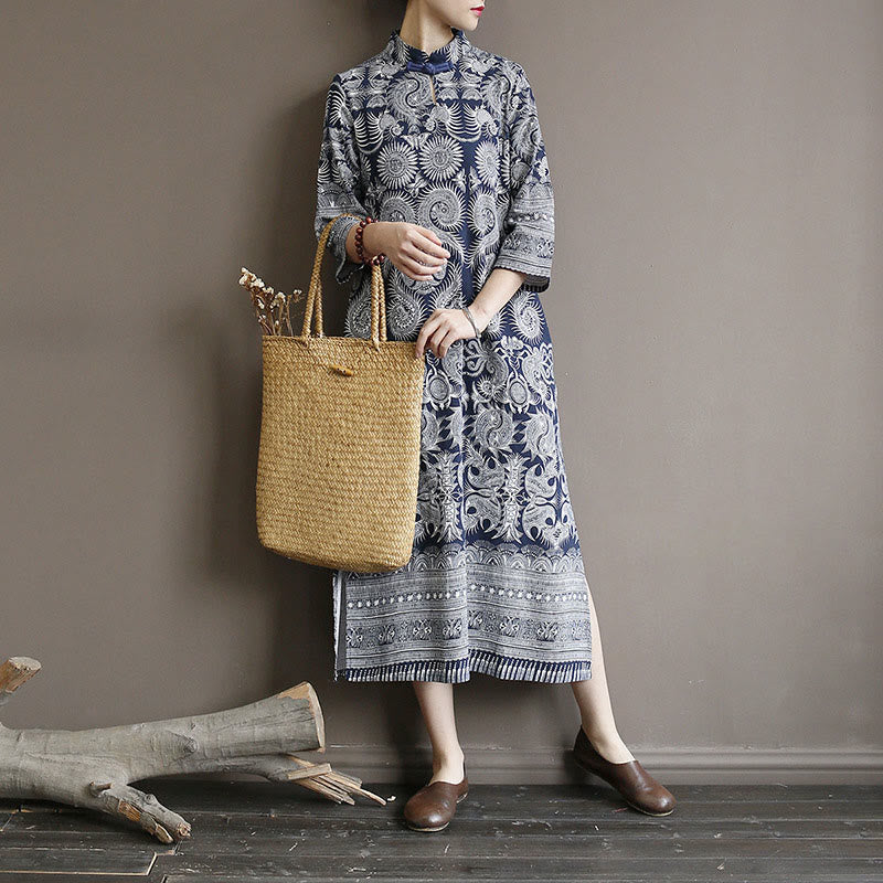 Buddha Stones Blue And White Porcelain Pattern Frog-button Midi Dress Three Quarter Sleeve Linen Batik Dress With Pockets