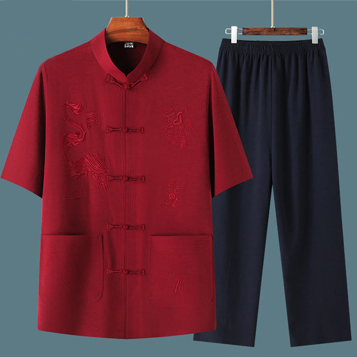 Buddha Stones Tang Suit Hanfu Chinese Dragon Traditional Kung Fu Uniform Short Sleeve Tops and Pants Clothing Men's Set - image 17