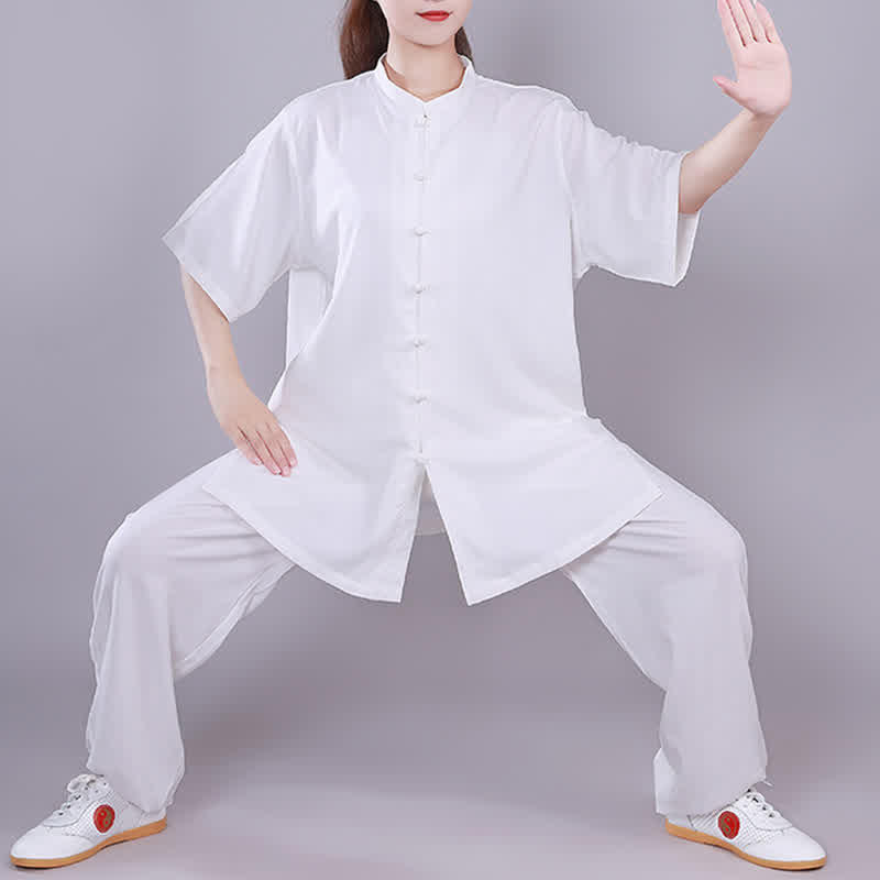 Tai Chi Qigong Meditation Prayer Spiritual Zen Practice Unisex Cotton Linen Clothing Set - White - Short Sleeve - US14，UK/AU18，EU46 (3XL)  - image 0