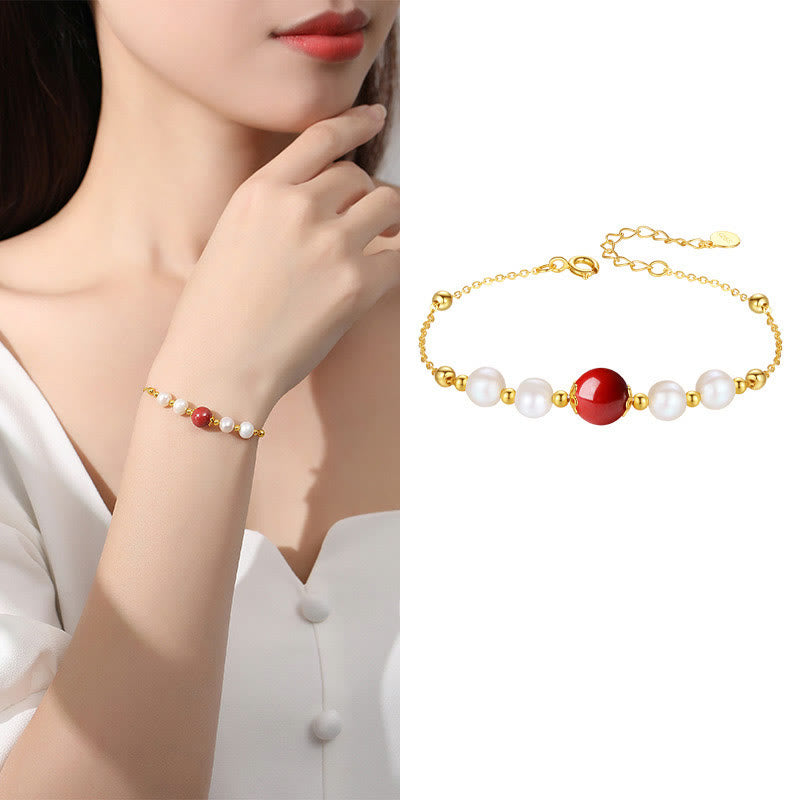 Buddha Stones 925 Sterling Silver Pearl Cinnabar Healing Bead Chain Bracelet - image 7
