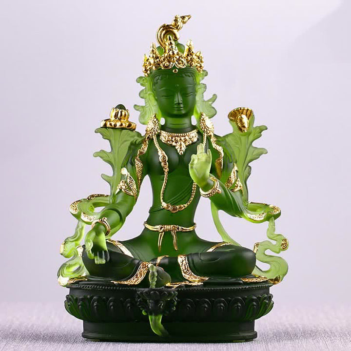 Bodhisattva Green Tara Handmade Liuli Crystal Art Piece Protection Home Office Statue Decoration - image 0