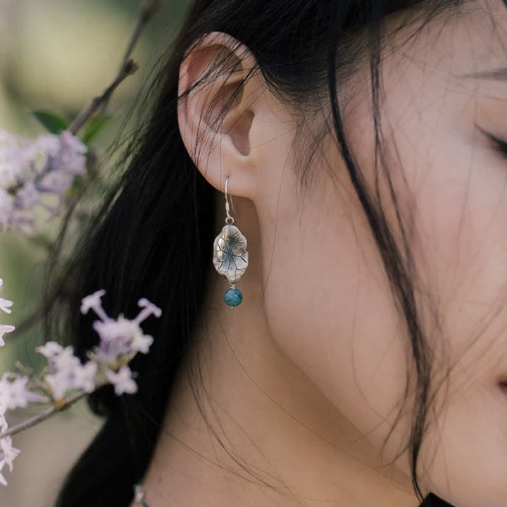 925 Sterling Silver Turquoise Lotus Leaf Protection Drop Dangle Earrings - image 4