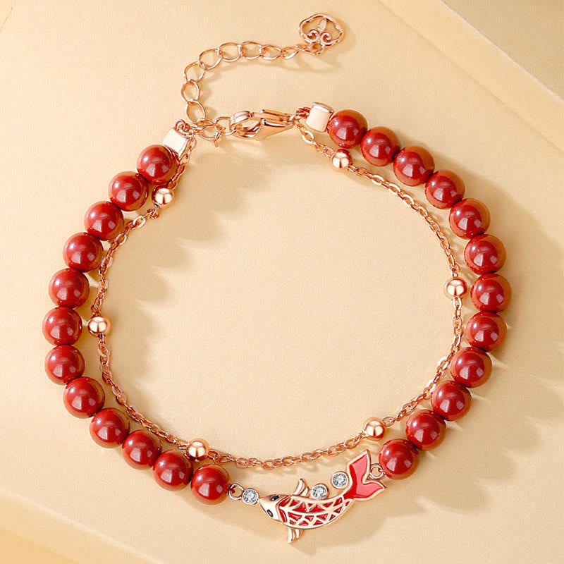 Buddha Stones 925 Sterling Silver Lucky Koi Fish Cinnabar Zircon Prosperity Double Layer Chain Bracelet - image 1