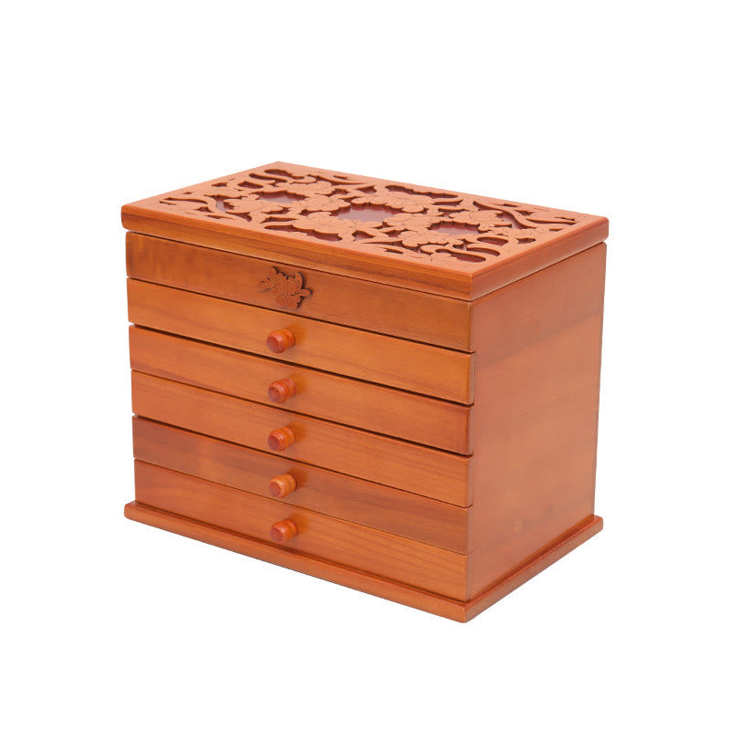 Buddha Stones Large Capacity Vintage Flowers Carved Wooden Jewelry Box Six-Layer Jewelry Storage Box - image 11