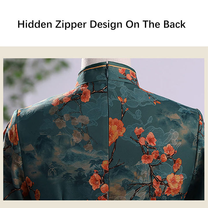 Buddha Stones Retro Flower Lotus Peony Feather Print Qipao Dress Women's Cheongsam Dress - image 11