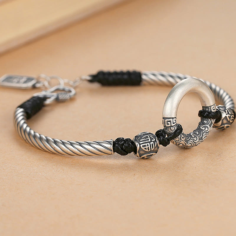 Buddha Stones 999 Sterling Silver Fu Character Peace Buckle Copper Coin Auspicious Clouds Fortune Bracelet - image 1