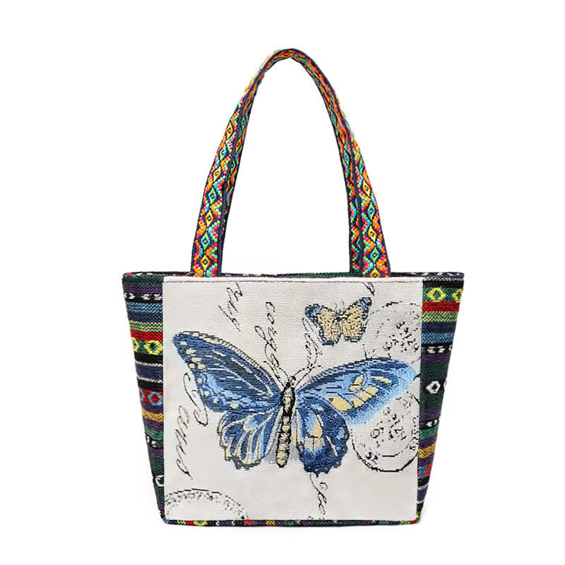 Elephant Butterfly Embroidered Large Capacity Canvas Tote Bag Shoulder Bag