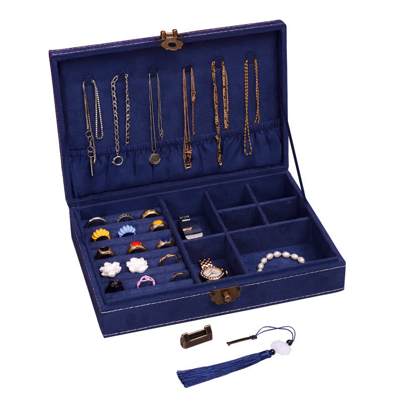 Buddha Stones Simple Design Jewelry Box Organizer Single Layer Flannel Jewelry Storage Box With Lock - Navy Blue28cm*19cm*6.5cm - image 22