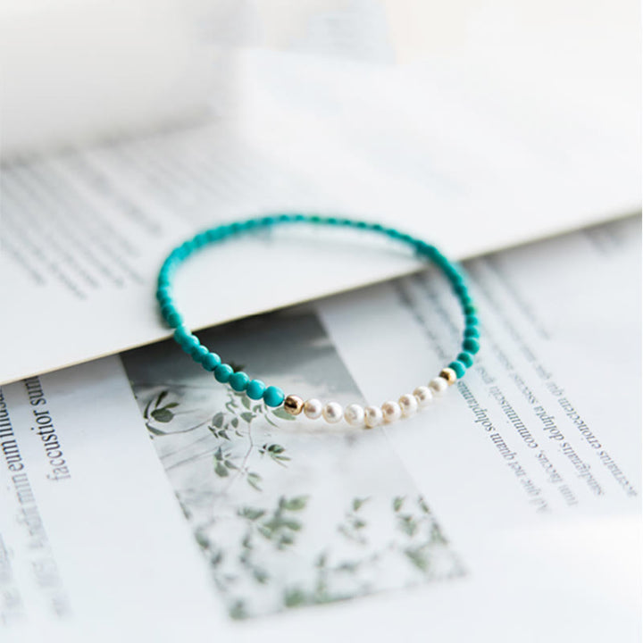 Buddha Stones 925 Sterling Silver Natural Turquoise Pearl Beaded Bracelet - image 8