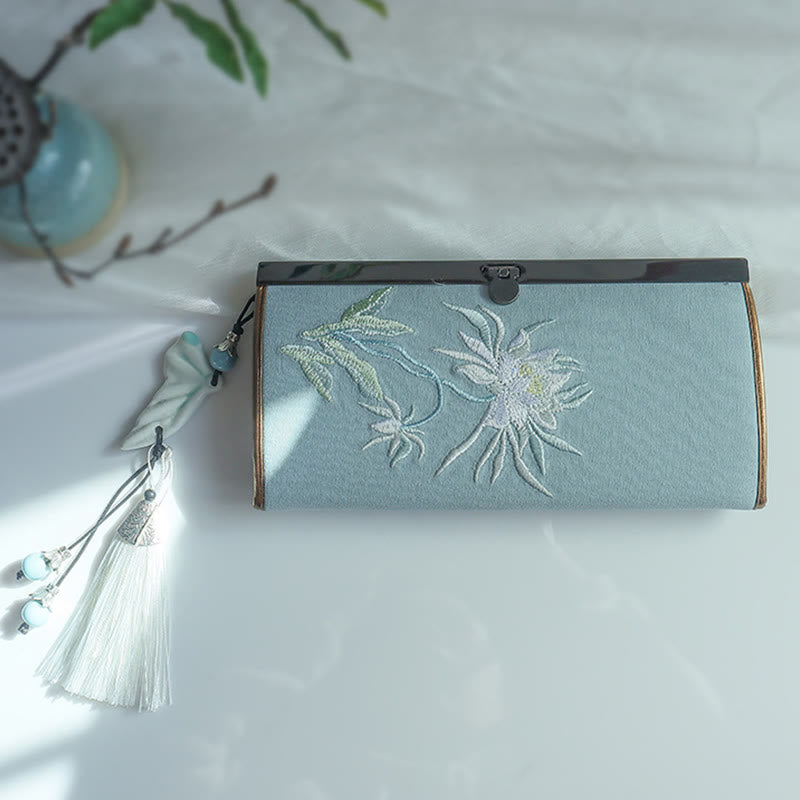 Buddha Stones Flower Plum Peach Blossom Bamboo Double-sided Embroidery Large Capacity Cash Holder Wallet Shopping Purse