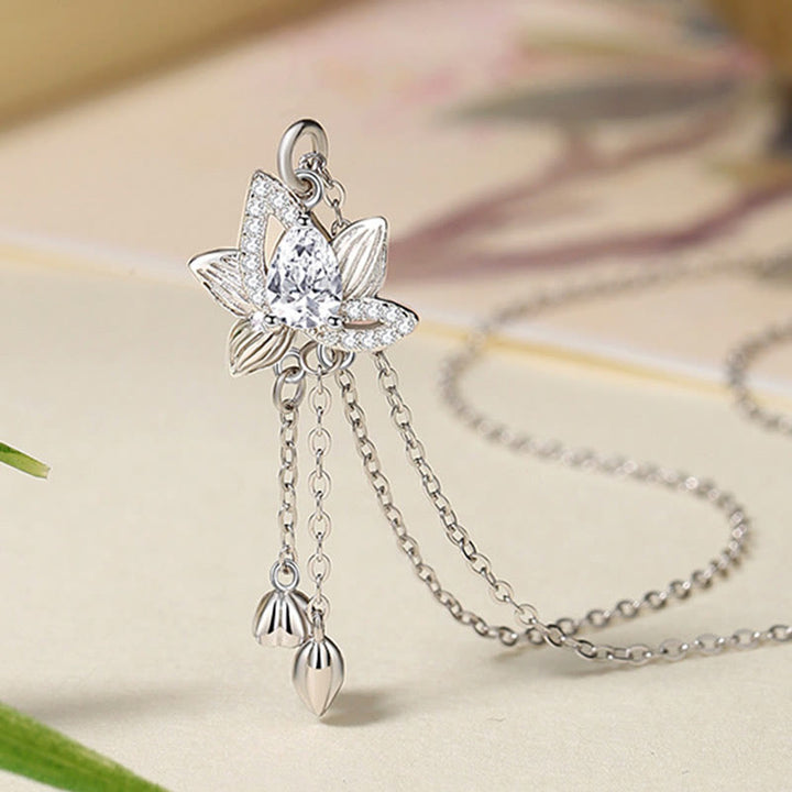 Buddha Stones 925 Sterling Silver Lotus Zircon Enlightenment Necklace Pendant