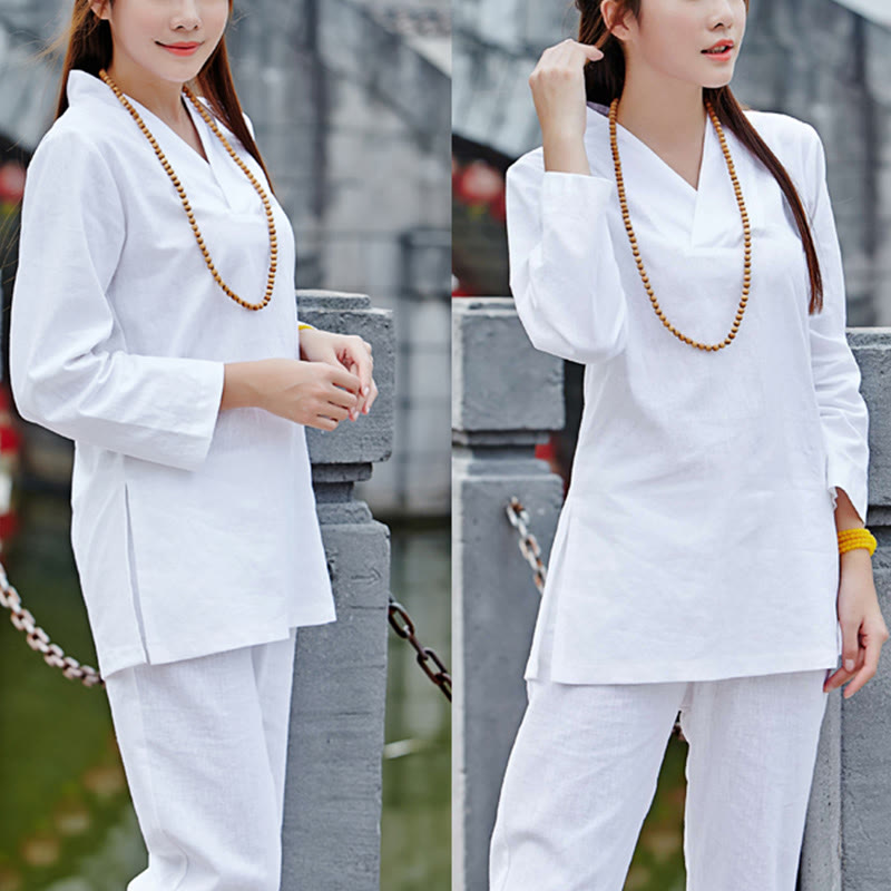 Buddha Stones Zen Practice Yoga Meditation Prayer V-neck Design Uniform Cotton Linen Clothing Women's Set - White - US6，UK/AU10，EU38 (2XL) - image 16