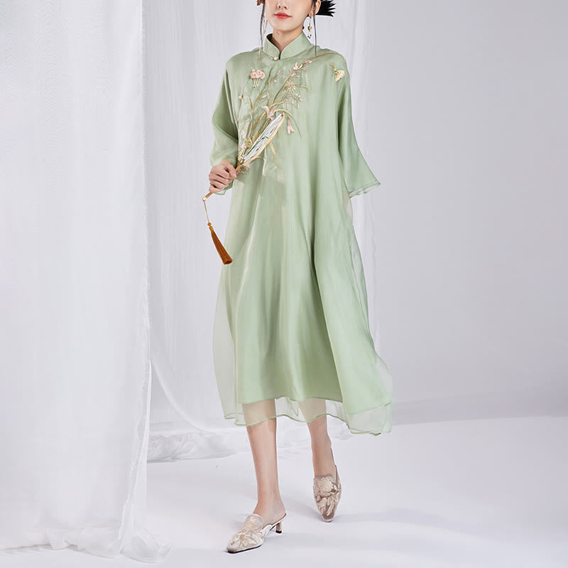 Buddha Stones 100% Mulberry Silk 6 Momme Dress Vintage Flower Butterfly Embroidery Qipao Dress Women's Cheongsam Dress - image 11