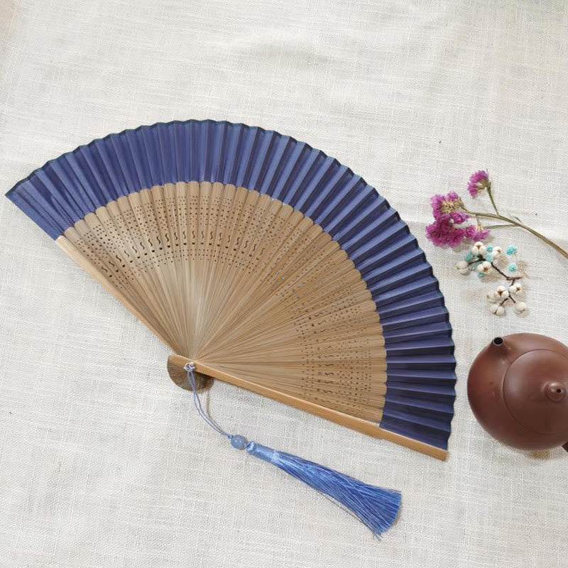 Buddha Stones Simple Hollow Engraved Handheld Bamboo Folding Fan