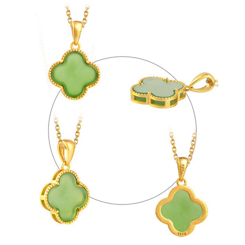 Buddha Stones 925 Sterling Silver Natural Hetian Jade Luck Four Leaf Clover Necklace Pendant - image 5